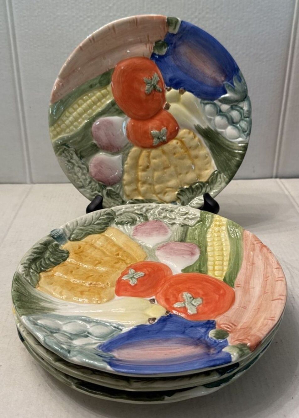 Vintage Fitz & Floyd Canape Luncheon Plates (4) Vegetable Garden 7-5/8" 1988